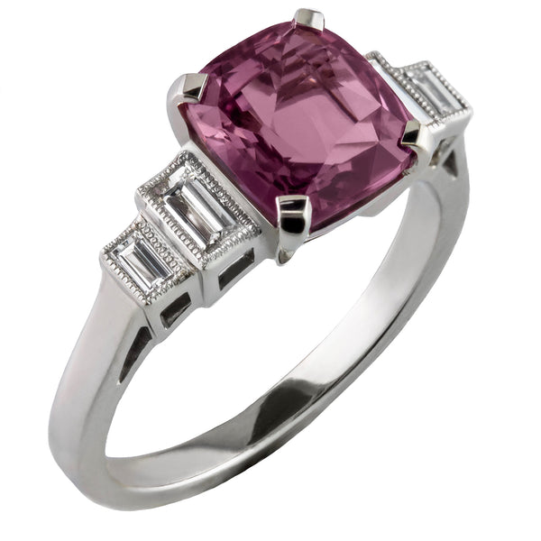 Cushion pink sapphire ring Art Deco design