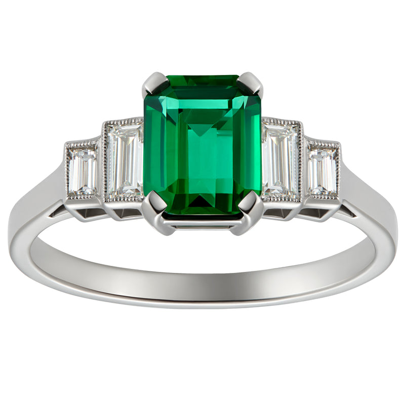 Emerald and baguette diamond art deco ring