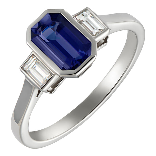 Emerald-cut sapphire diamond trilogy ring