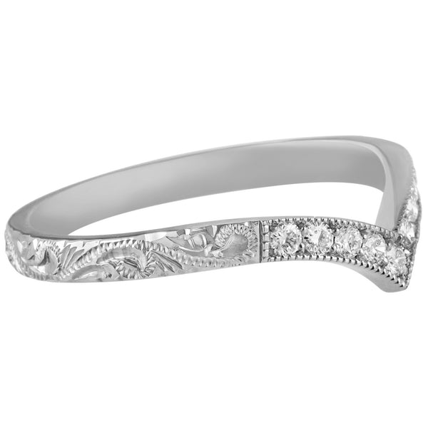 Engraved diamond wishbone wedding ring in platinum with paisley pattern