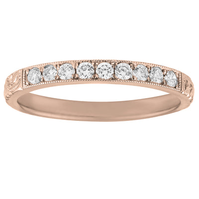 Engraved vintage style rose gold wedding ring with diamonds