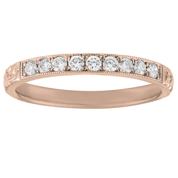 Engraved vintage style rose gold wedding ring with diamonds
