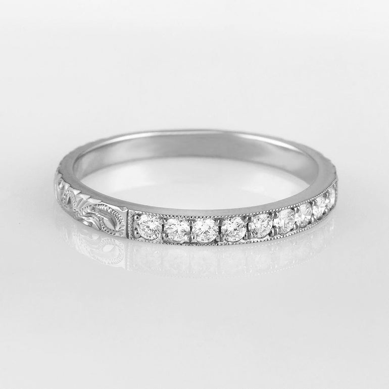 2.5mm engraved white gold diamond wedding ring in paisley pattern