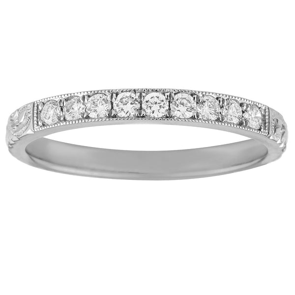 Engraved white gold wedding band with diamonds