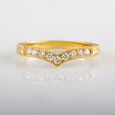 Engraved wishbone diamond wedding band in yellow gold
