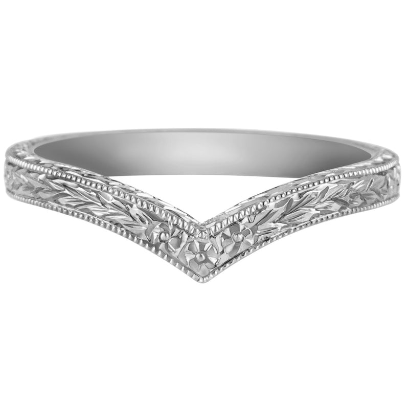 Wishbone wedding band in white gold with engraved forget-me-not flower pattern