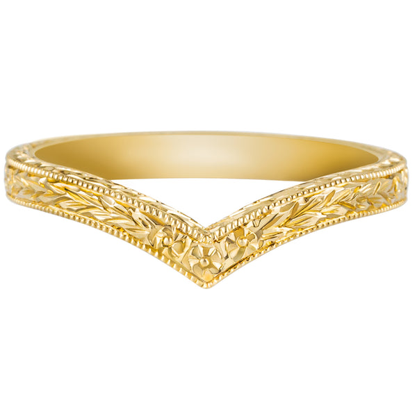 Engraaved wishbone wedding ring in yellow gold with forget me not pattern
