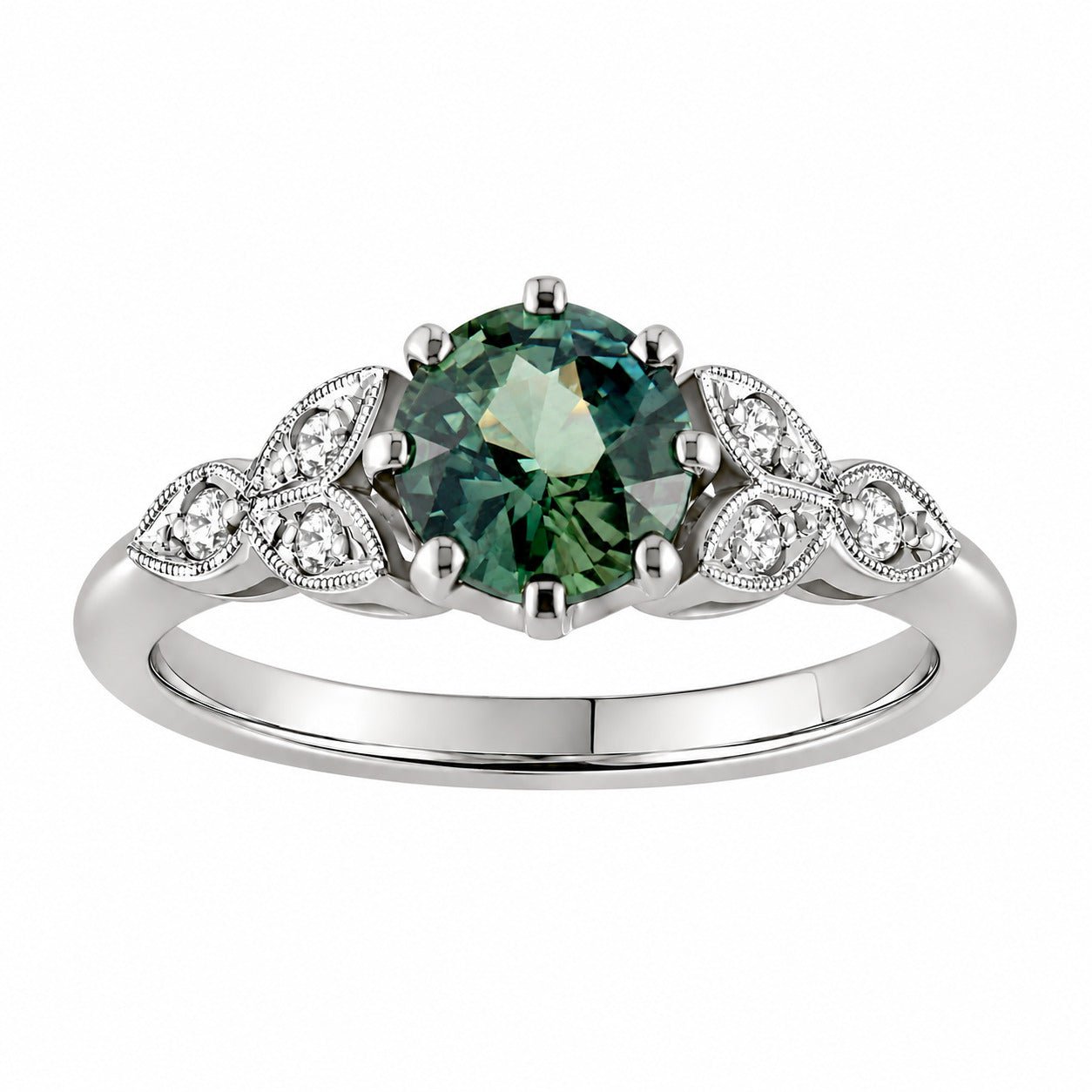 Round green sapphire and diamond engagement ring in platinum with vintage style detailing