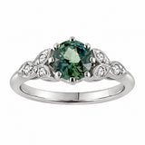 Round green sapphire and diamond engagement ring in platinum with vintage style detailing
