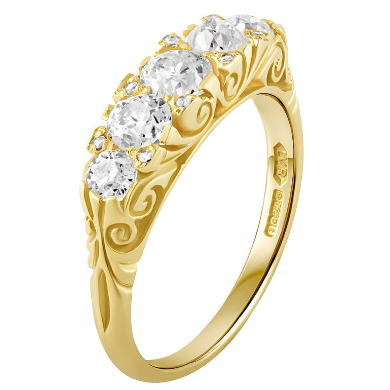 Vintage style 5 stone diamond engagement ring in 18ct yellow gold. Made in London