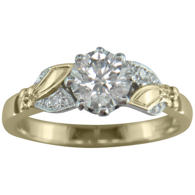 Lab grown diamond Edwardian floral engagement ring in yellow gold and platinum