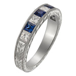Laurel engraved sapphire and diamond wedding ring in platinum