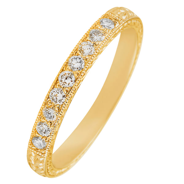 Laurel engraved yellow gold diamond wedding ring