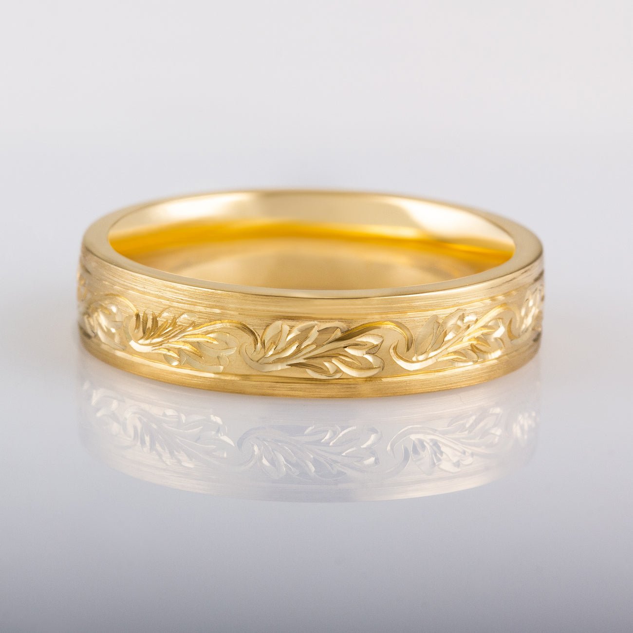 5mm Engraved Leaf Pattern Ring Yellow Gold | London Victorian Ring Co ...