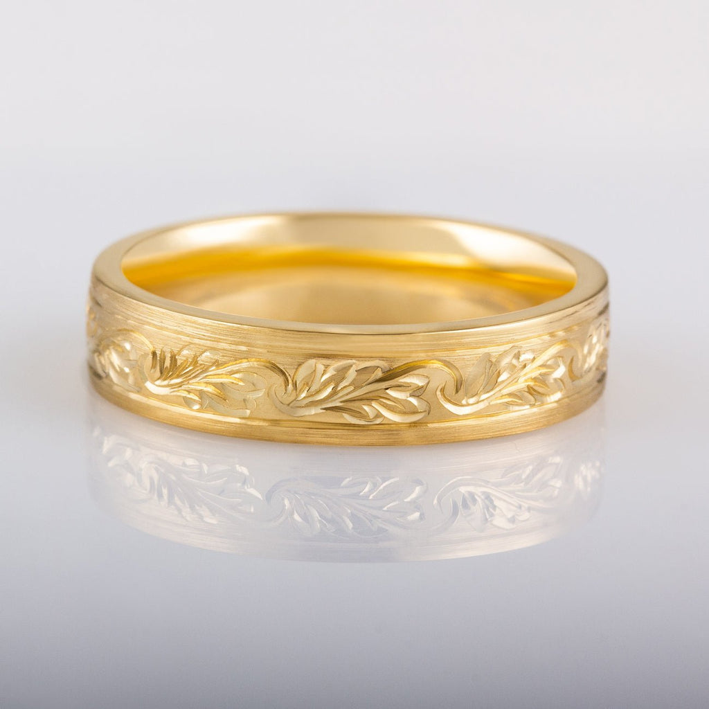 5mm Engraved Leaf Pattern Ring Yellow Gold | London Victorian Ring Co ...