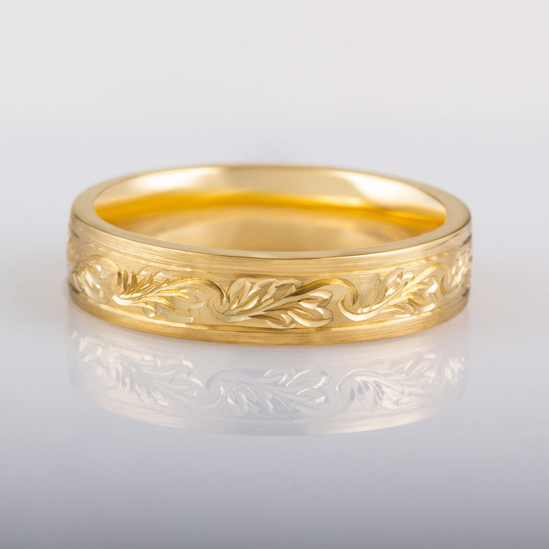 Mens gold camellia leaf engraved wedding band