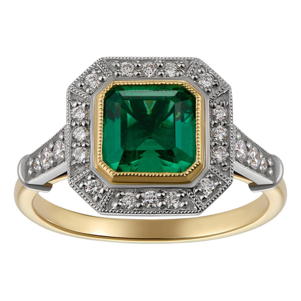 Octagonal emerald and diamond cluster ring