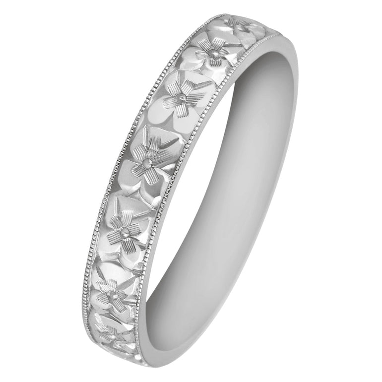 Orange blossom engraved mens wedding band in platinum