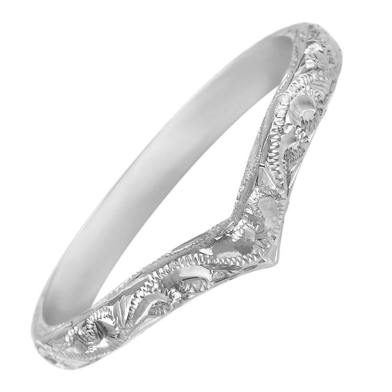 Paisley engraved white gold wishbone wedding ring