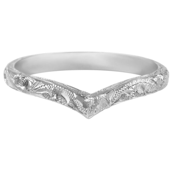 Paisley engraved wishbone wedding ring in platinum