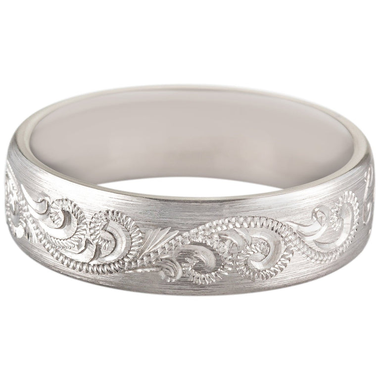 Paisley pattern engraved man's wedding ring in platinum