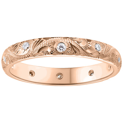 Paisley patterned engraved diamond wedding band in rose gold