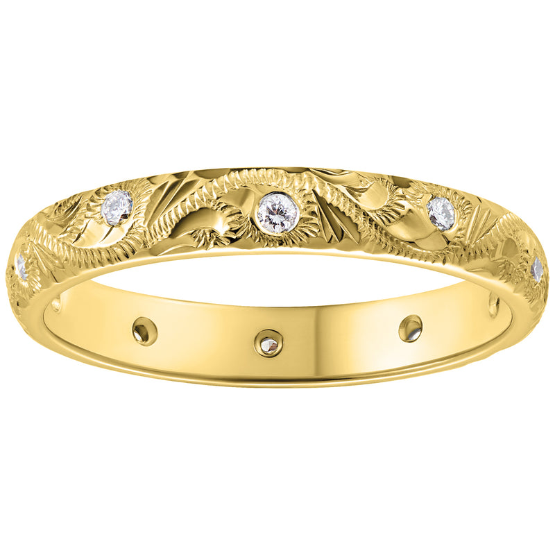 Paisley pattern engraved diamond wedding band in yellow gold