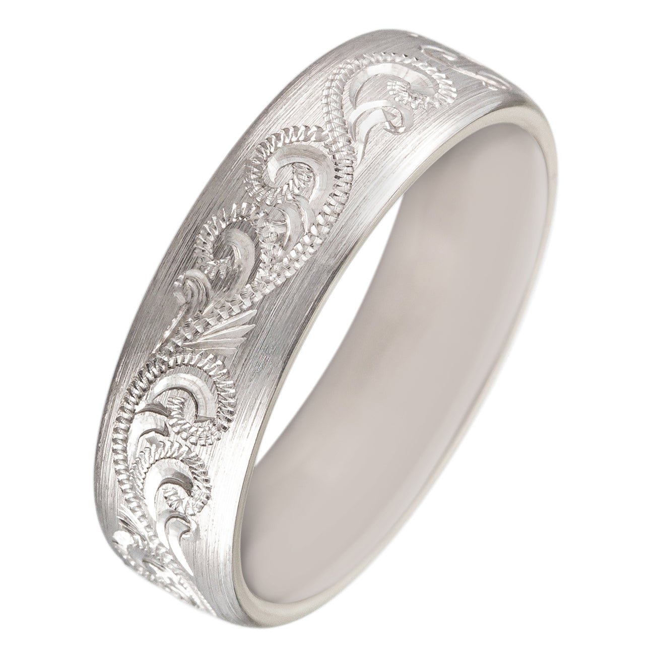Platinum engraved wedding band with paisley design