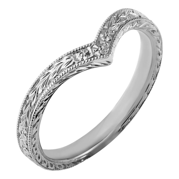 Platinum wishbone wedding ring with vintage engraved flowers