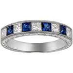 Princess-cut sapphire and diamond engraved wedding band