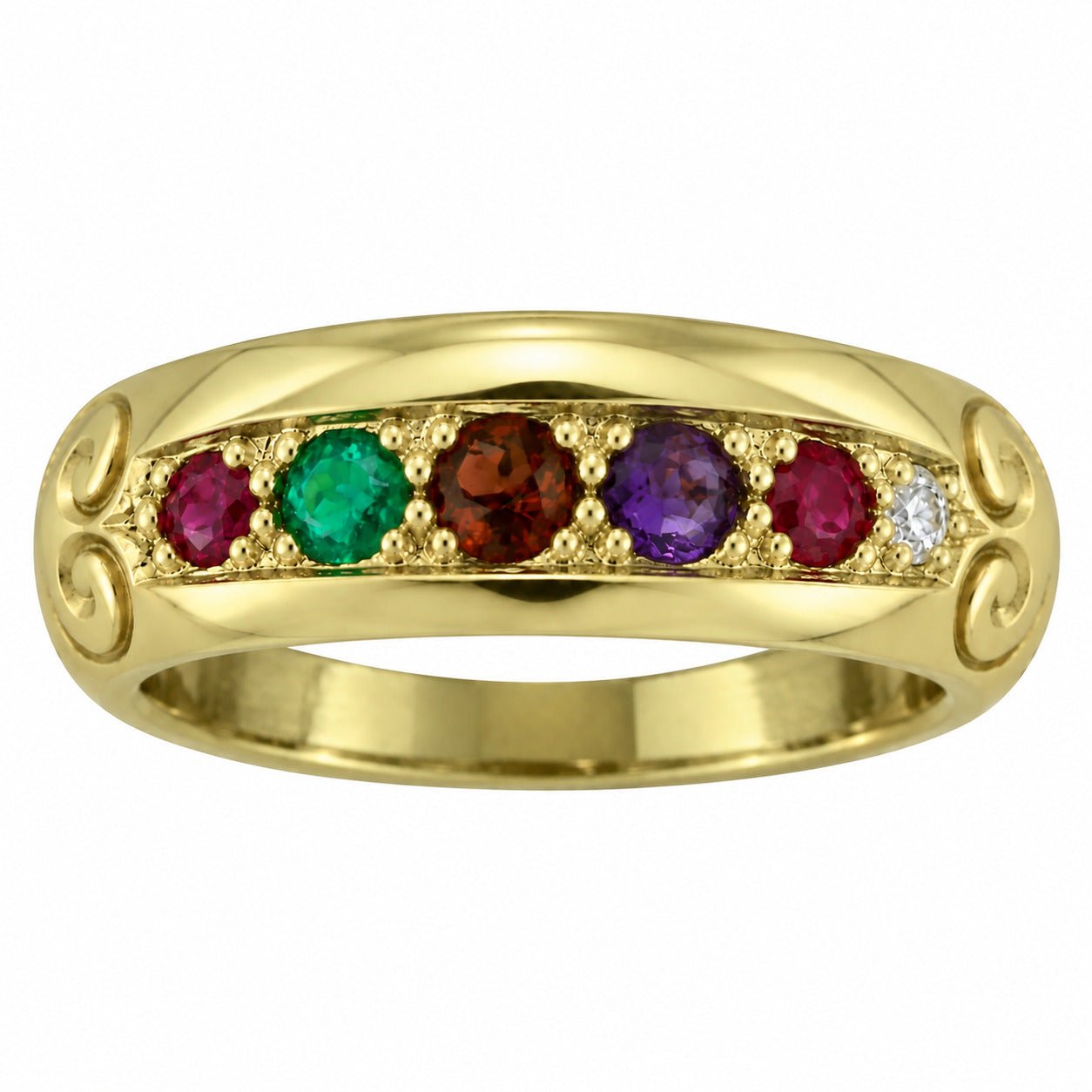 vintage Yellow gold multistone ring with round cut colourful gemstones and engraved detailing