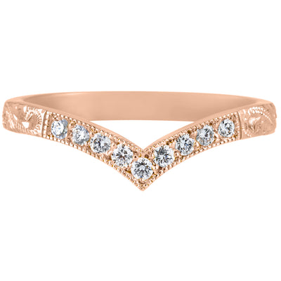 Rose gold diamond wishbone wedding ring with engraved paisley pattern