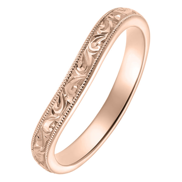 Rose gold engraved curved wedding band