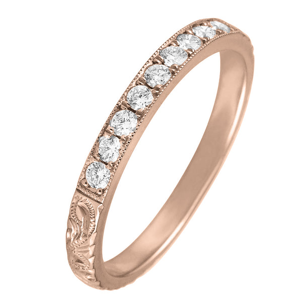 Rose gold engraved diamond wedding ring with paisley pattern