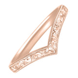 Rose gold v-shape wishbone wedding band with scroll pattern engraving