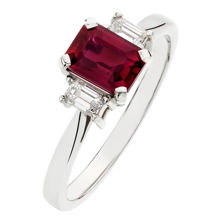 Ruby and diamond three stone ring in platinum