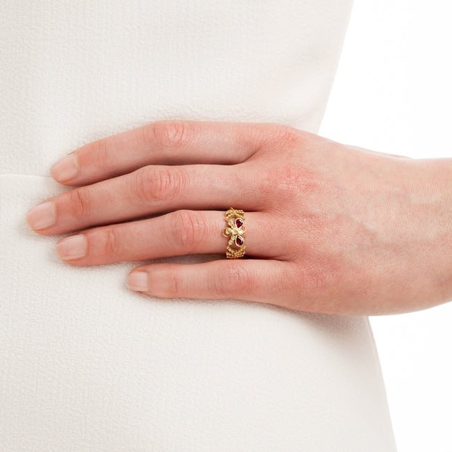 yellow gold butterfly ring with rubies