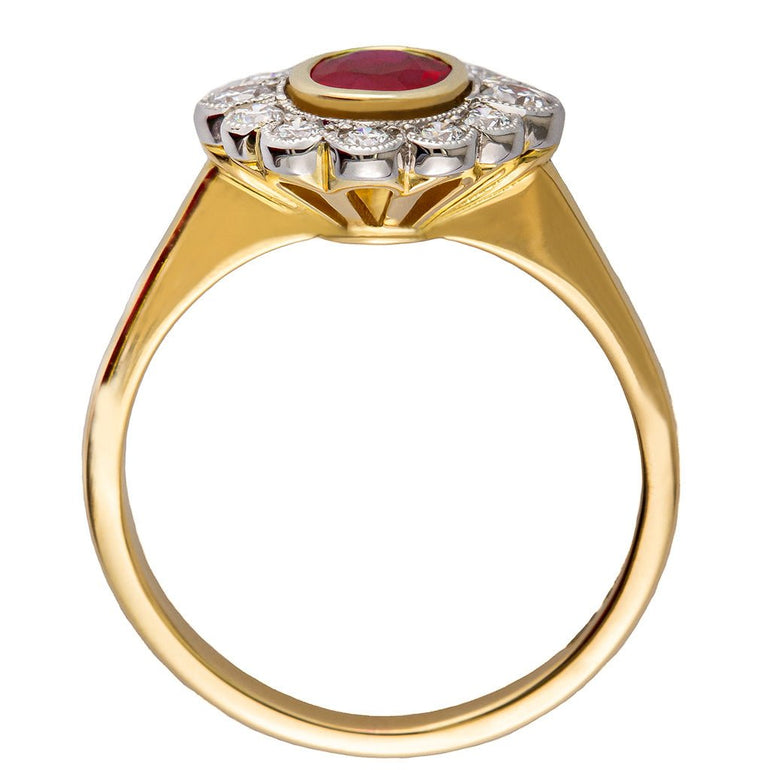 ruby and diamond halo ring with flower shape in platinum and gold