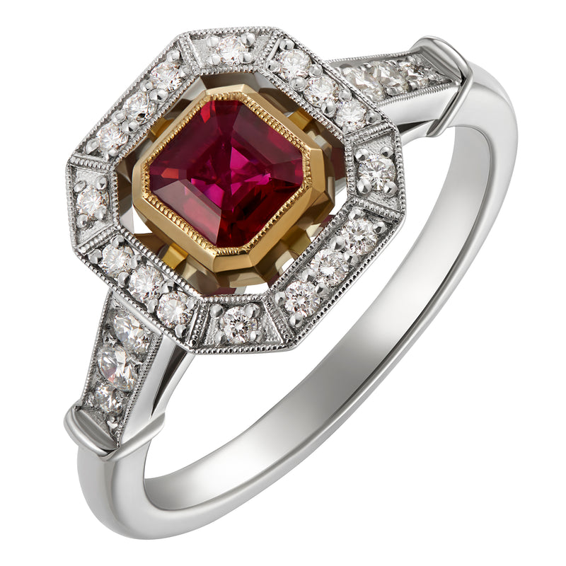 Ruby ring in 1930s style made in platinum and yellow gold