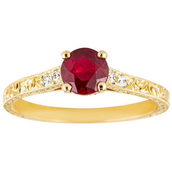 Unique ruby ring with engraved diamond band in 18ct yellow gold