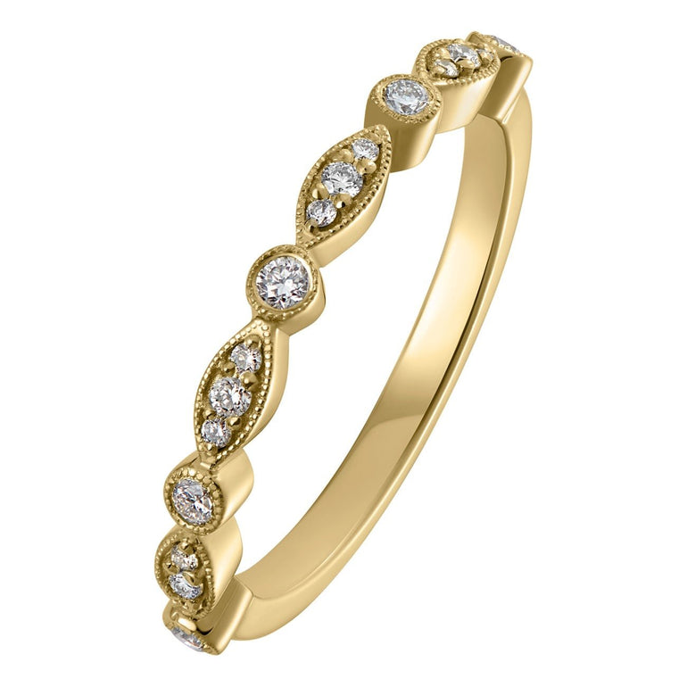 Scalloped diamond half-eternity or wedding ring in yellow gold