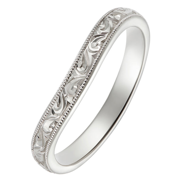 Scroll engraved curved wedding ring in platinum