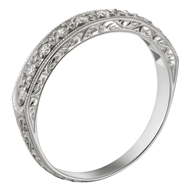 Scroll engraved wedding band with diamonds set in platinum