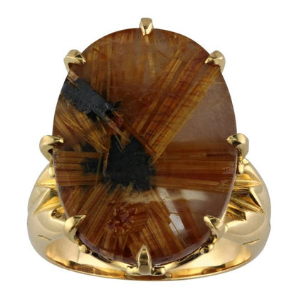 Smoky quartz ring with rutile and haematite crystals