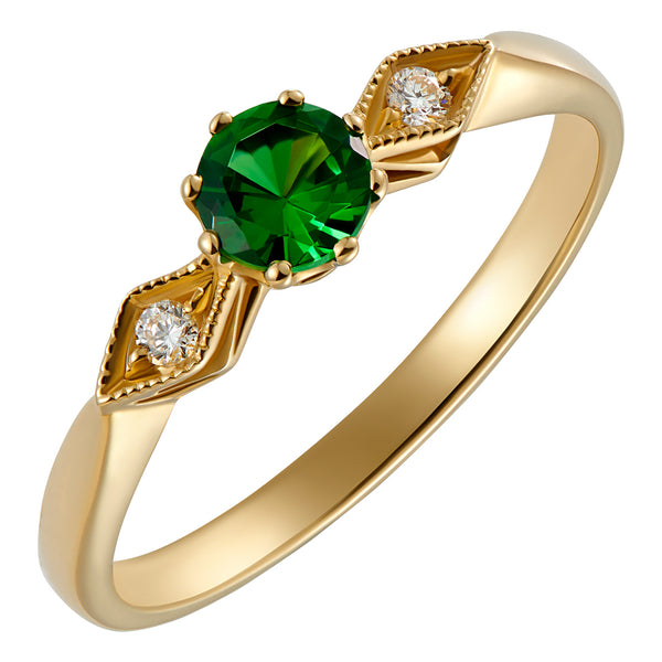 Tsavorite engagement ring with diamonds in yellow gold