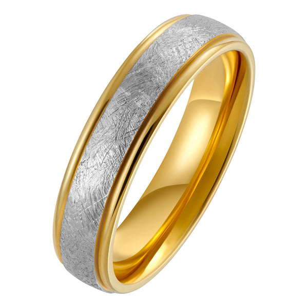 Two tone men's wedding ring with raised platinum frost pattern