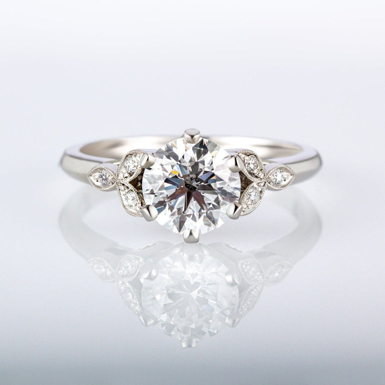 Vintage lab grown diamond ring in the Edwardian style with lab grown diamonds and leaf pattern