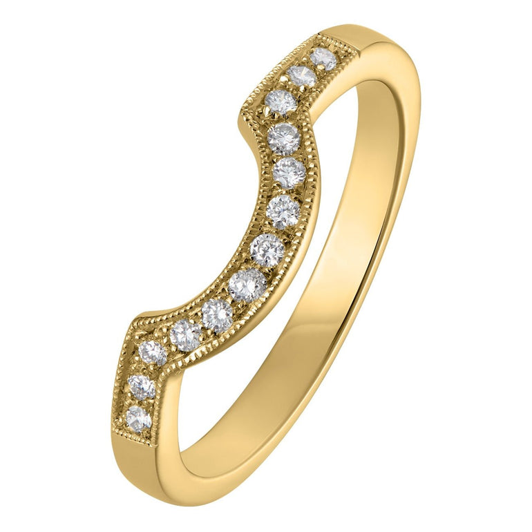 Vintage yellow gold shaped diamond wedding band for halo engagement ring