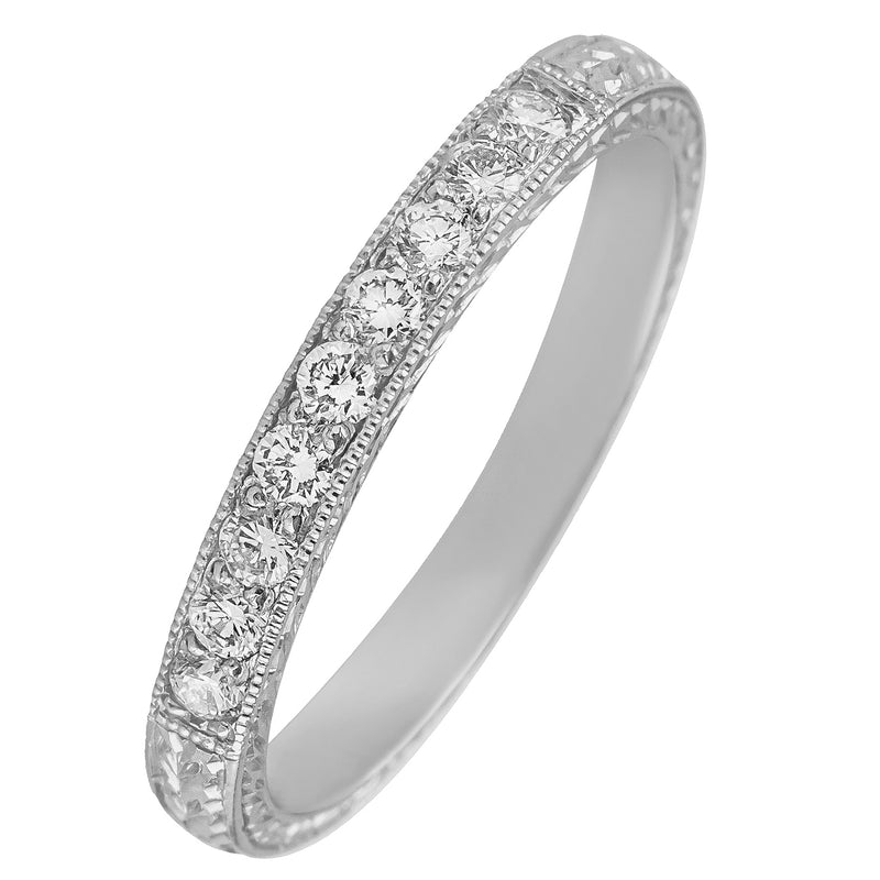 18ct white gold diamond band engraved with laurel pattern