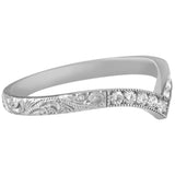 White gold v-shape diamond wedding band with engraved paisley pattern